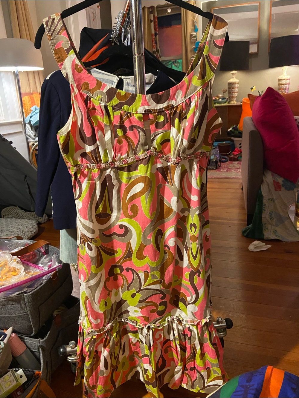 Ruth Sleeveless Midi Dress in Pink, Green & Brown - Retro Swirl Print